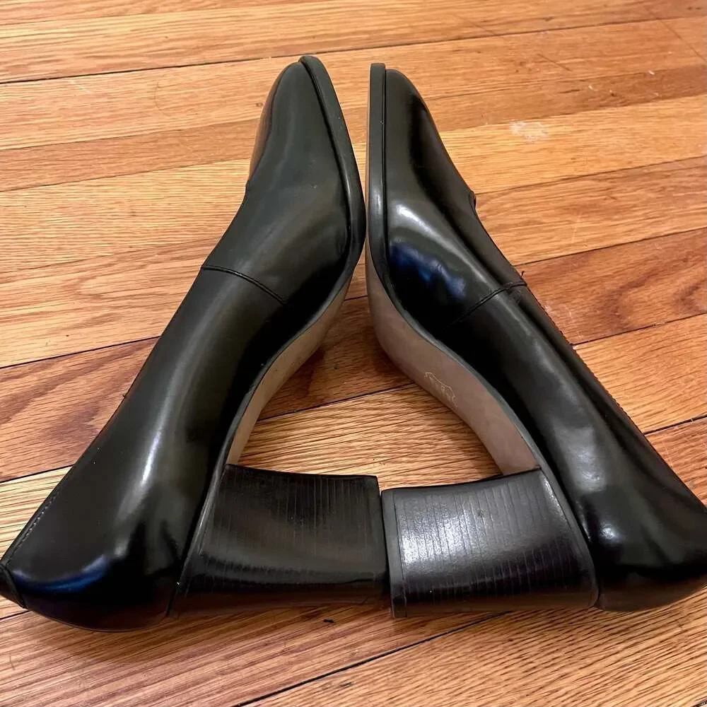 Jacqueline Ferrar Vintage Black Leather Block Heel Pumps Square Toe Shoes 8.5M